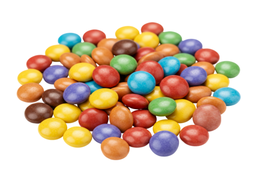 Colorful candy coated chocolate candies pile isolated on transparent background