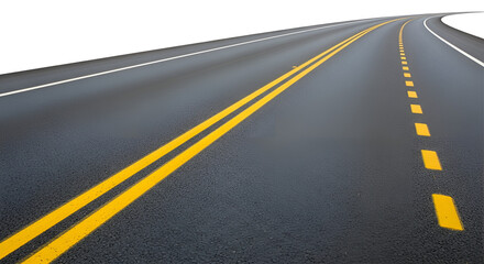 Asphalt road with yellow and white lines receding into the distance isolated PNG with Transparent Background