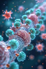Technical cutaway view of ion channel protein complexes within a cell membrane. Detailed molecular transport visualization with cool colors and atmospheric blur.