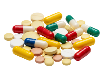 Colorful pills and tablets on transparent background medical pharmaceutical healthcare