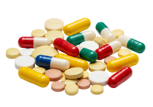 Colorful pills and tablets on transparent background medical pharmaceutical healthcare