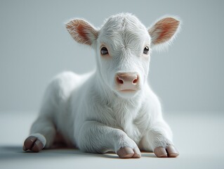 A fluffy, white calf lies down, gazing directly at the viewer.  Its soft, white fur contrasts with its delicate pink nose and ears.  Studio shot, neutral background