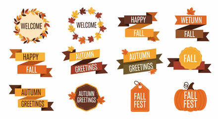 Welcome autumn sign set collection, seasonal decorative design elements for fall celebration and greetings. Festive banners