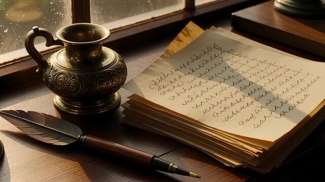 Vintage quill and inkwell beside stack of handwritten letters on wooden desk, evoking nostalgia and history.