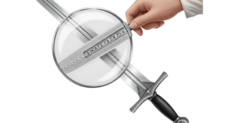 Hand examines a sword with a magnifying glass isolated PNG with Transparent Background