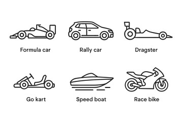 Outline icon set of formula car, rally car, dragster, go kart, speed boat, race bike