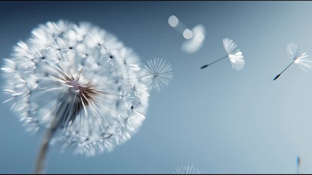 Dandelion seeds dispersing on a bright day against a clear blue sky in Spring