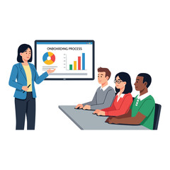 Vector art of business woman presenting charts and graphs to a diverse group of people in a meeting room