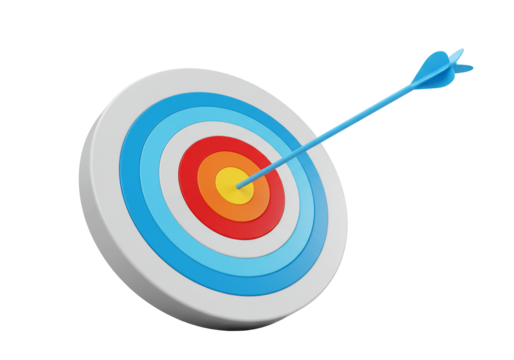 Colorful target with arrow hitting bullseye on transparent background