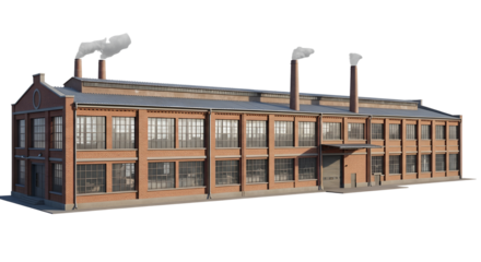 Factory building with chimneys emitting smoke isolated PNG with Transparent Background