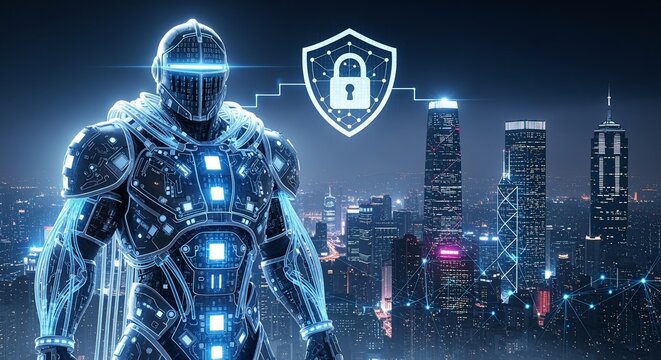 Futuristic robot knight protecting a smart city with a glowing cybersecurity shield. - Powered by Adobe