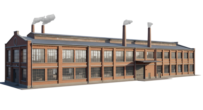 Factory building with chimneys emitting smoke isolated PNG with Transparent Background