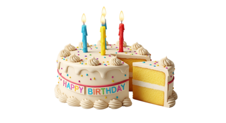 Birthday cake with candles and a slice, saying Happy Birthday isolated PNG with Transparent Background