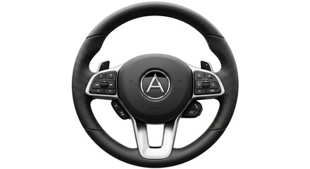 Car steering wheel with central logo in dark leather isolated PNG with Transparent Background