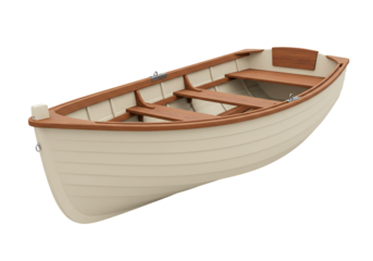Cream rowboat with wooden seats on transparent background