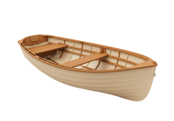 Cream rowboat wooden boat with seats on transparent background