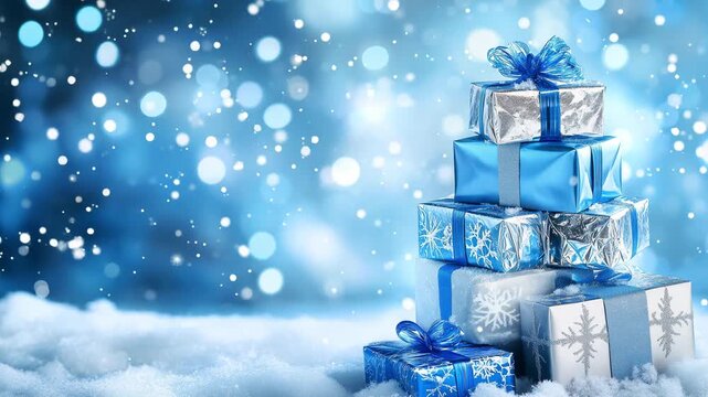 Silver and blue Christmas gifts are arranged in a stack on white snow, set against a sparkling winter backdrop to celebrate the holiday season