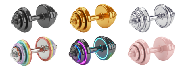 Diverse collection of vibrant and modern dumbbells in various metallic finishes and colors, perfect for fitness and lifestyle projects
