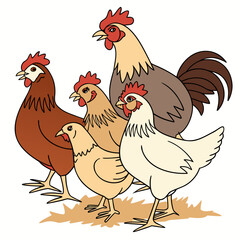 A charming cartoon illustration of a rooster and three hens standing together on a patch of straw