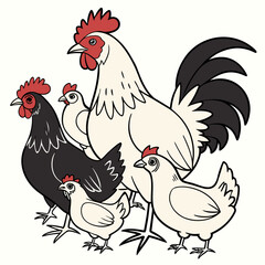 A charming cartoon illustration of a rooster and several hens and chicks standing together