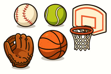 Baseball, tennis, and basketball: essential sports equipment illustrated