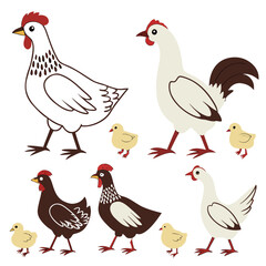 Collection of cartoon chickens and chicks in various colors and styles on a white background