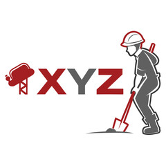 Construction company logo featuring a cement mixer xyz text and a worker digging with a shovel