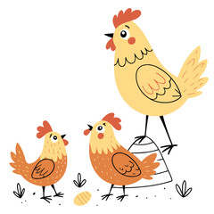 Cute cartoon chickens and an egg in a simple illustration style on a white background