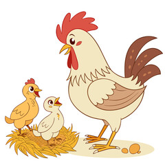 Cute cartoon rooster and two chicks in a nest with eggs on a white background
