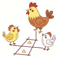 Cute cartoon rooster and two chicks playing a game of tic tac toe on a white background