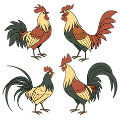 Four stylized cartoon roosters with colorful feathers and long tails standing on a white background