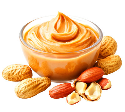 Creamy peanut butter in a glass bowl with peanuts on transparent background - Powered by Adobe