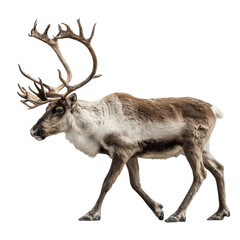 Obraz premium A magnificent reindeer with expansive antlers strides confidently, its powerful presence against an isolated backdrop