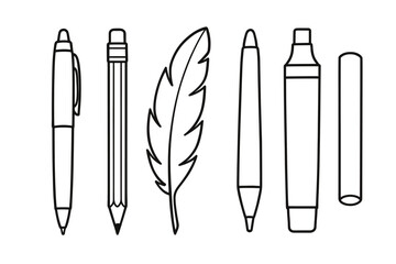 Outline illustration of writing tools: pen, pencil, feather quill, marker, highlighter