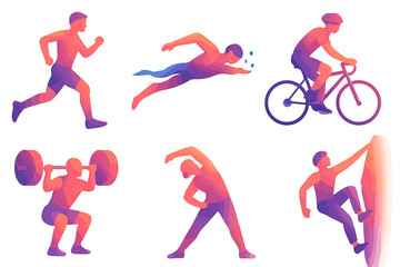 Colorful gradient figures engaging in diverse sports activities: running, cycling, swimming, weightlifting, stretching, climbing