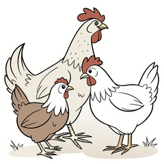 Three cartoon chickens including a large hen and two smaller hens standing together on grass