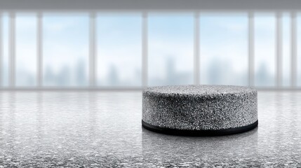Modern Minimalist Stone Cylinder Display Platform in a Bright Office Setting