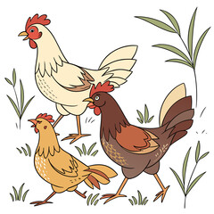 Three cartoon chickens of different colors walking together in a grassy field with a white background