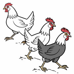 Three cartoon chickens walking in a line with different colored feathers and distinct expressions on white background