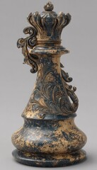 Ornate, distressed chess queen piece, featuring intricate carvings and a rich blue and beige patina, commands attention with its detailed design.