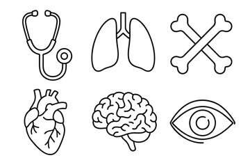 Medical icons: stethoscope, lungs, bones, heart, brain, eye symbols