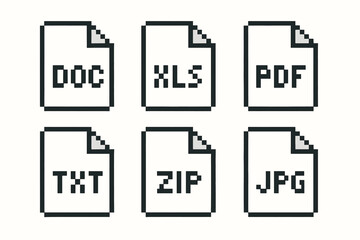 Pixel art icons representing common document file types: doc, xls, pdf, txt, zip, jpg