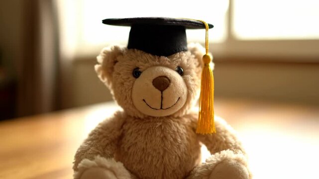 Teddy Bear Graduation a Hand Places Graduation Cap on the Bear's Head Near a Window in Daytime