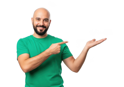 Bald man in green t-shirt pointing and presenting with hand gesture stock photo isolated on transparent background