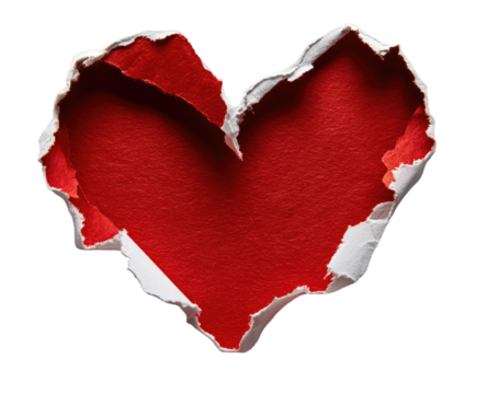 A red heart shape torn from white paper