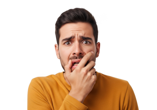 Worried man biting nails with fearful expression, stress and anxiety, frustration, nervousness, isolated on transparent background - Powered by Adobe
