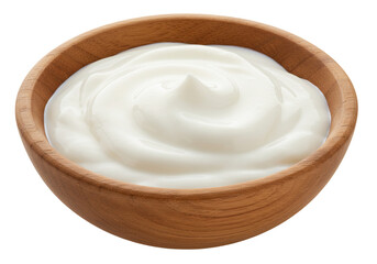 Creamy yogurt in wooden bowl dairy product food photography white swirls healthy eating texture design element