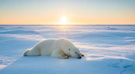 Naklejka premium A majestic polar bear rests peacefully on the vast, snow-covered Arctic landscape under a soft, glowing sunset.