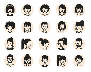 A collection of 20 unique, hand-drawn cartoon avatars featuring diverse faces and hairstyles, perfect for profiles and illustrations.