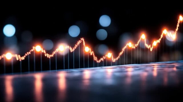 Abstract financial chart with line graph glowing in orange and black background